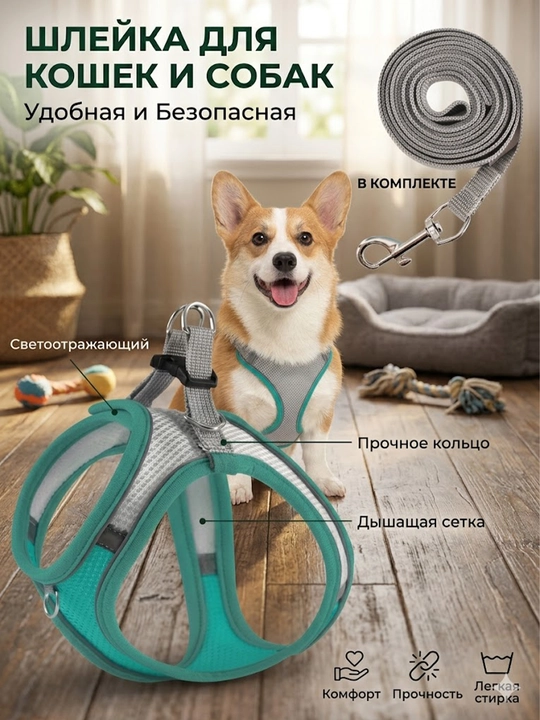 Прогулочная шлейка - жилетка, для собак и кошек разных пород, с поводком, 1.5 м - 