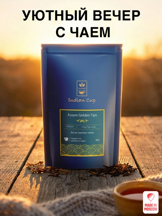 Indian Cup Assam Oltin tipslari qora bargli choyi, 60 g, Ziploc qadoq