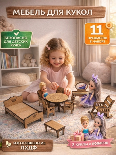 Детский набор мебели для кукол, из ЛХДФ + куклы в подарок — WOODBOX-MEBELDK-СВЕТБЕЖ