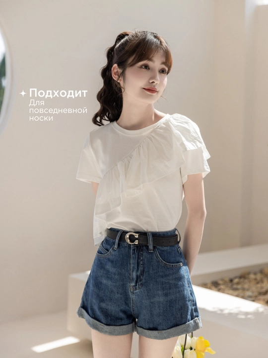 Ayollar bluzkasi, yozgi, burmali, qisqa yengli, oq rang, S-XL