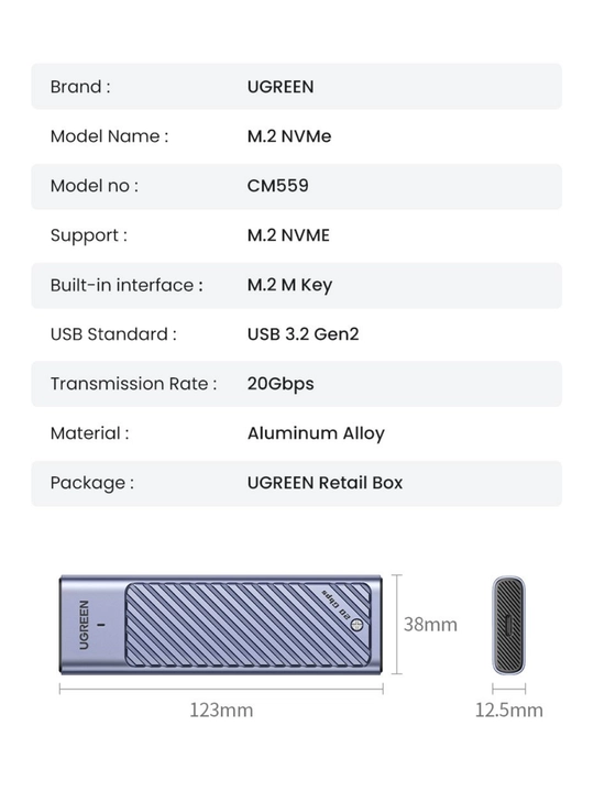 UGREEN M.2 NVMe SSD Case 10/20Гбит/с Keys/Korpus CM559