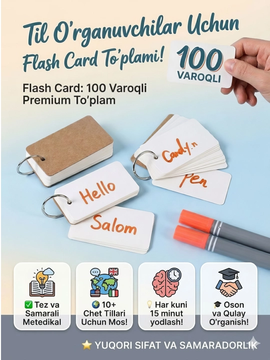 Flash card, stikr, soʻz yodlash uchun karta toplami 100 varoqchali - 