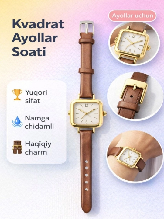 Ayollar qo'l soati, Klassik uslubda, kvadrat shaklli soat - 