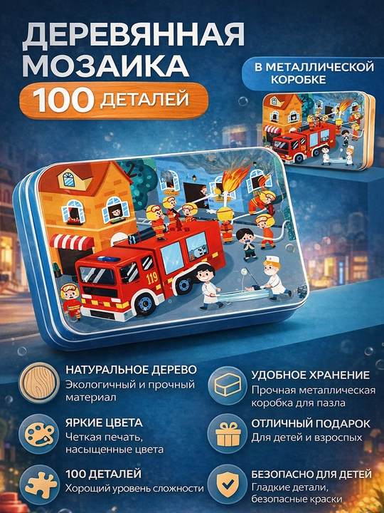Деревянная мозаика-пазл 100 деталей, в металлической коробке - 