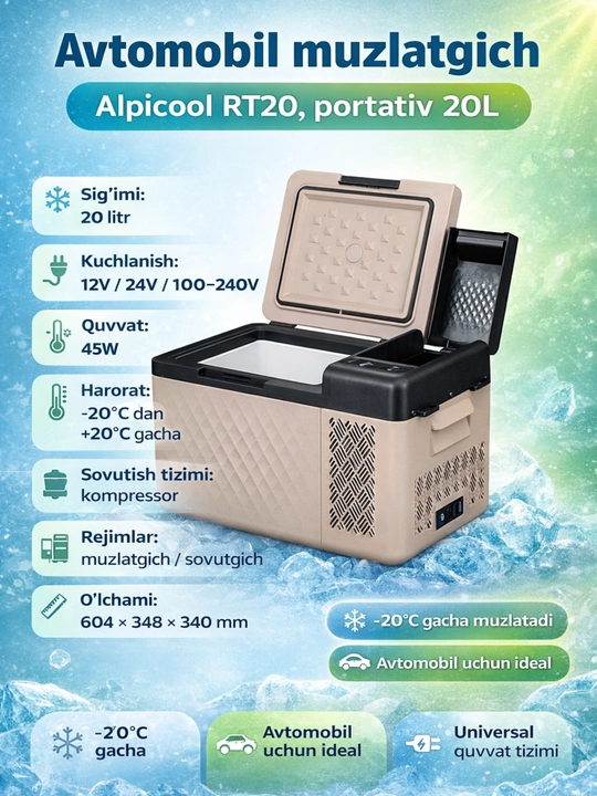 Alpicool RT20 портативный автомобильный холодильник 20L, компрессорный авто холодильник - 