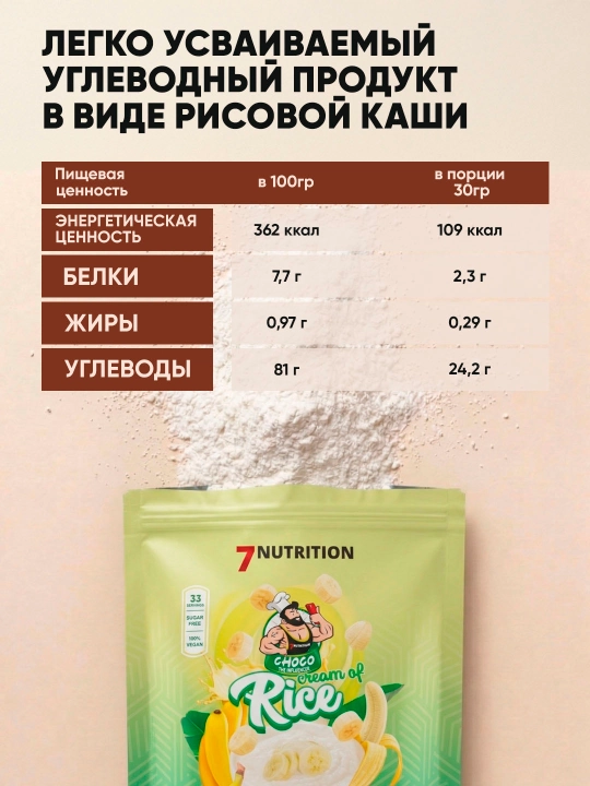 7Nutrition Cream of rice, рисовая каша, 1000 г, быстрорастворимая, без сахара