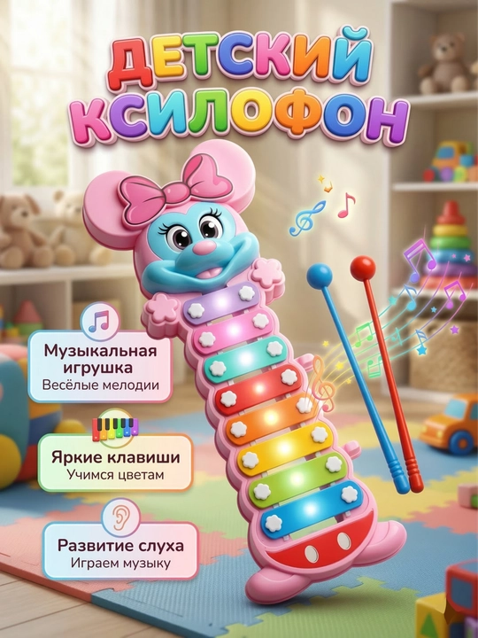 Металлофон в образе Минни Маус, интересная расцветка, 3+, Китай - 