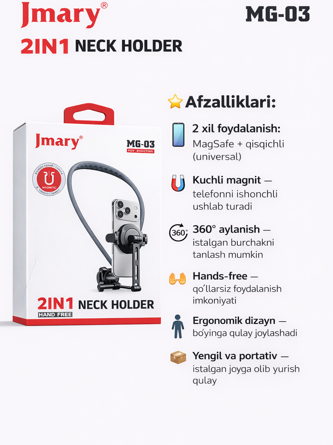 Jmary MG-03 universal bo‘yin holder, MagSafe va qisqichli telefon tutqich - 