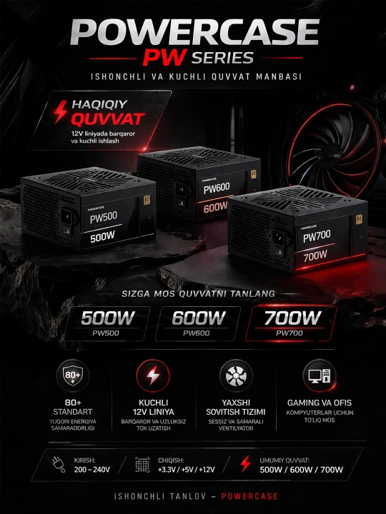 O‘yin ta’minot bloki POWERCASE PW500,  PW600W,  PW700W  80 plus standart - 