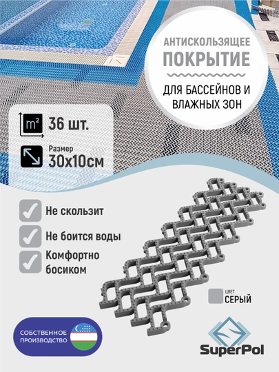 Резиновое покрытие для пола, 1 м², 36 шт, 300×100×12 мм, для бассейнов, входных зон