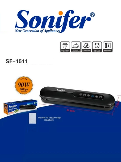 Вакуумный упаковщик, Sonifer SF-1511, в комплекте 10 рифлёных пакетиков — BNK7633-VAKUMSONIFER-ЧЕРН