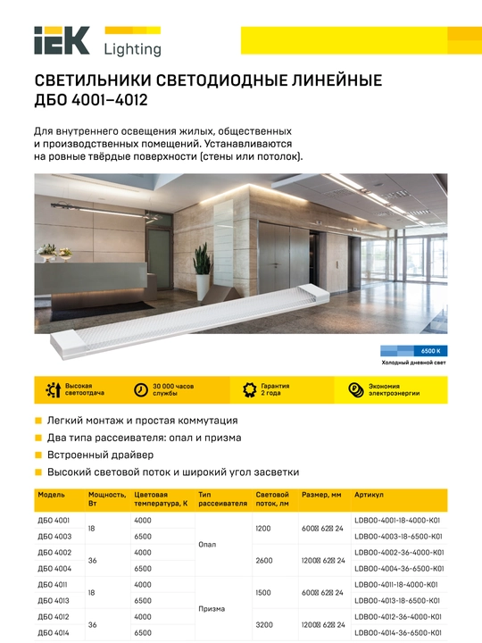 LED chiroq DBO 4014 36W 6500K IP20 1200mm prizma IEK