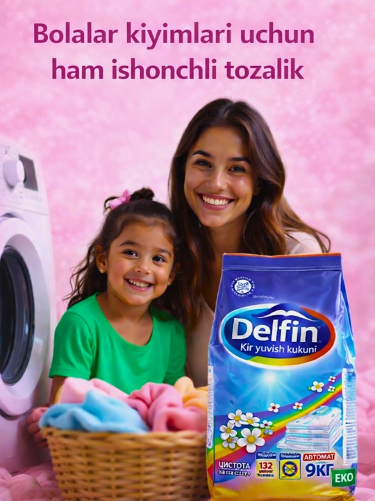 Kir yuvish kukuni DELFIN, avtomat, rangli va oq kiyimlar uchun, 9 kg