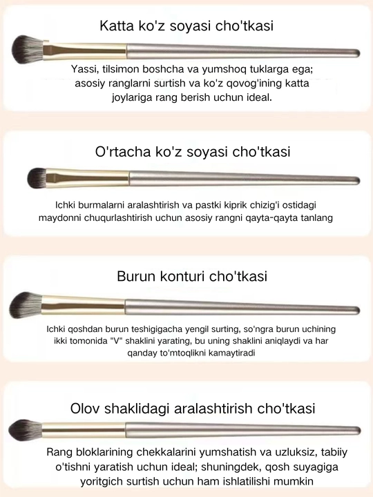 15 dona bo‘yanish cho‘tkasi to‘plami – sumkachali, ko‘z soyasi uchun, ayollar uchun