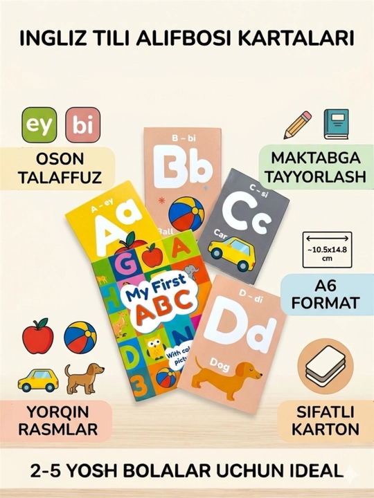 Ingliz tili alifbosi kartochkalari "My First ABC", bolalar uchun o‘rgatuvchi to‘plam - 