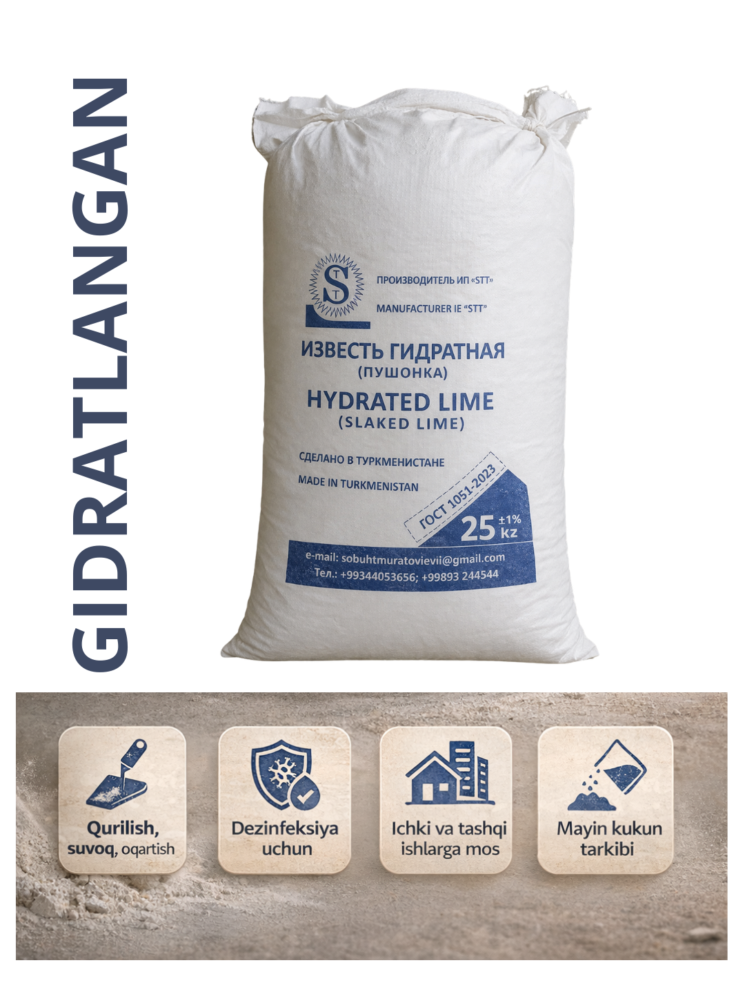 Gidratlangan oh (pushonka) 25 kg – qurilish va suvoq uchun - 