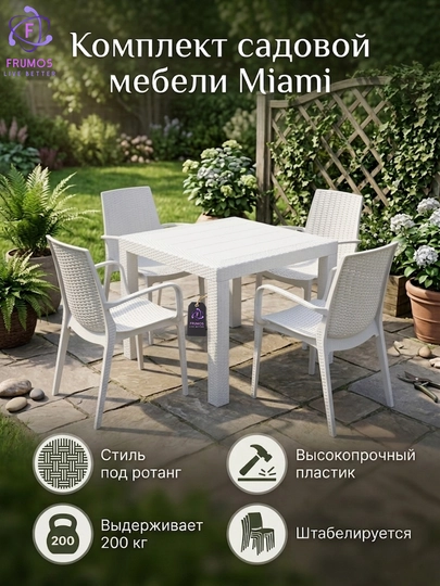 Комплект стол и стулья для сада Miami, под ротанг полипропилен до 200 кг, влагостойкий — FRUMOS-КОМПЛЕКТMIAMIСАД1СТОЛ4СТУЛА-БЕЛЫЙ-MIAMI14