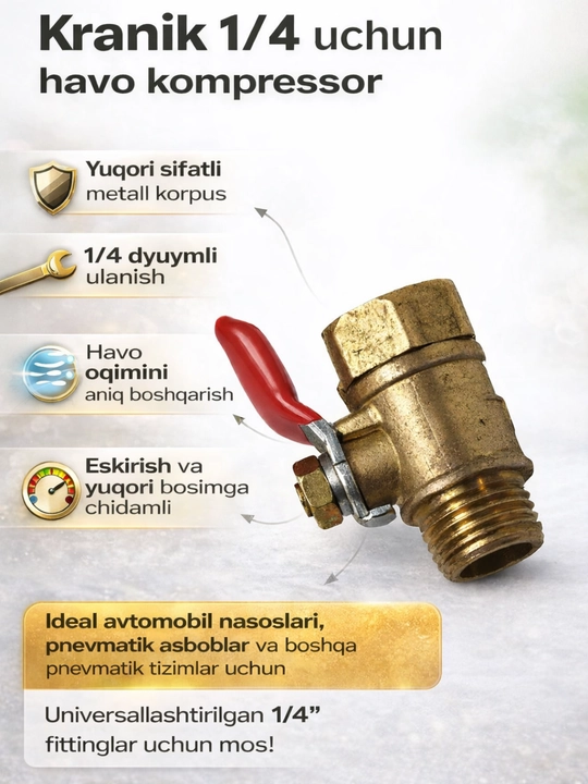 Kompressor uchun kranik 1/4, havo klapani, metall sharli kran (pnevmatik) - 