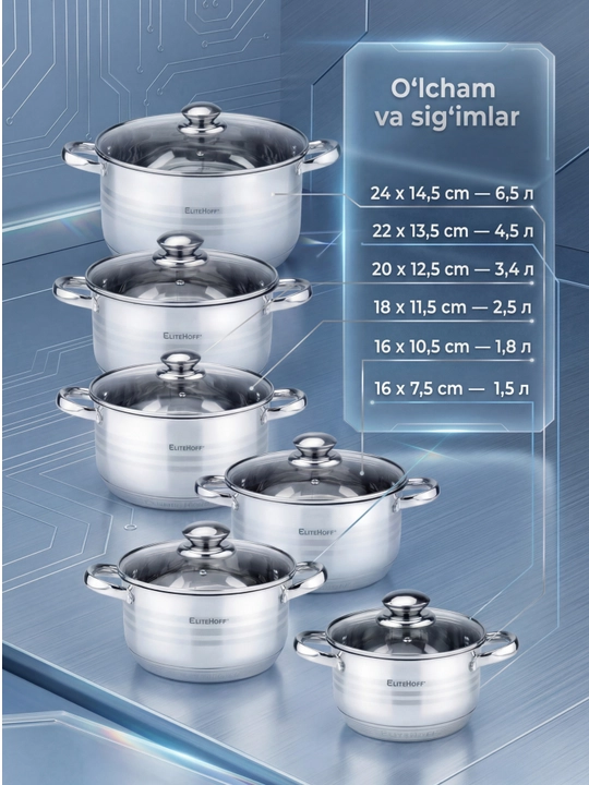 Набор кастрюль EliteHoff 6 шт, нержавеющая сталь, толстое дно, для всех типов плит