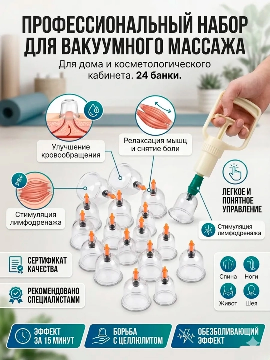Vakuumli massaj va hijoma uchun nasosli bankalar, to‘plami 24 dona