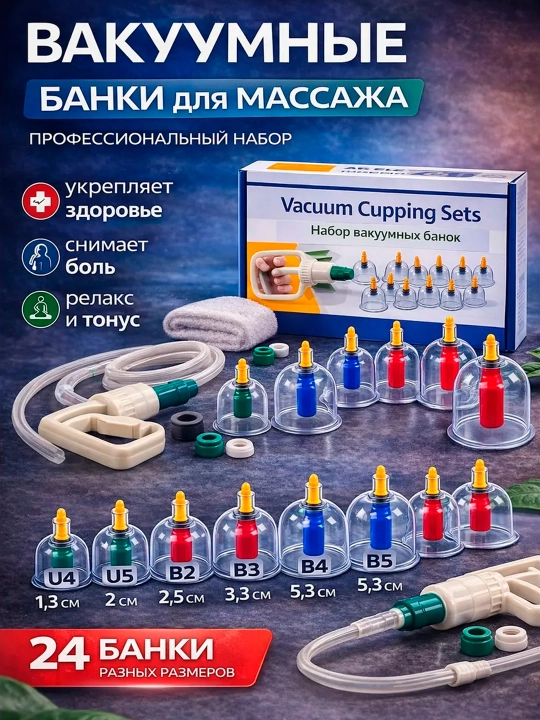 Банки для вакуумного массажа и хиджамы с насосом, набор 24шт - 