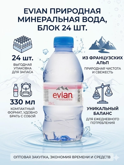 Природная минеральная вода Evian, 330 мл, блок 24 шт — EVIANA-330