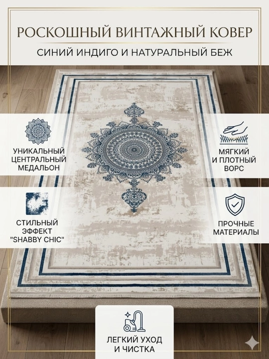 Классический ковер с восточным орнаментом, сине-бежевый, для гостиной и зала