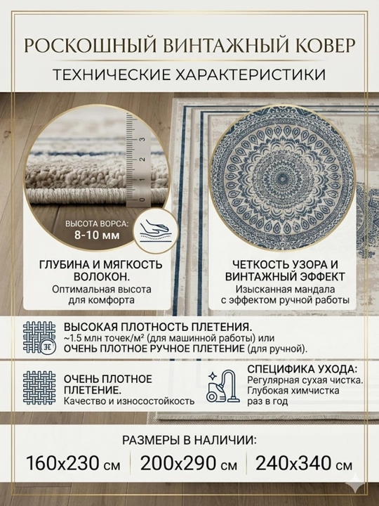 Классический ковер с восточным орнаментом, сине-бежевый, для гостиной и зала - 