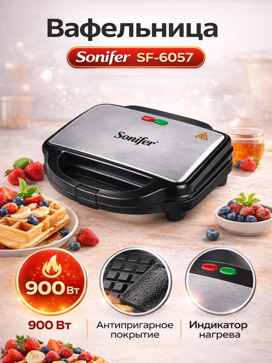 Вафельница , вафельный аппарат, сэндвичница, тостер Sonifer SF-6057, 900W - 