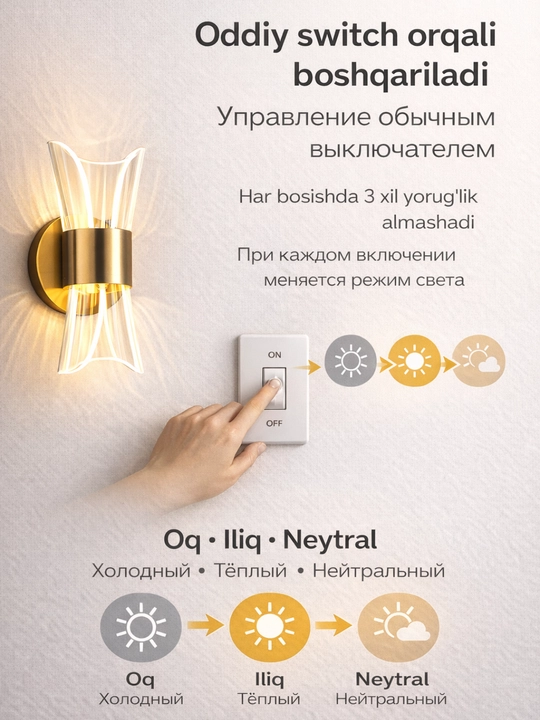 Devorga o‘rnatiladigan LED chiroq, zamonaviy dizayn, 3 rangli yorug‘lik