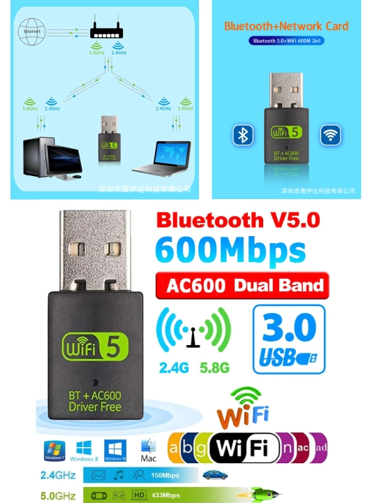 Wi-Fi 5Ghz + Bluetooth 5 USB  Адаптер 2-в-1  AC600 Dual Band