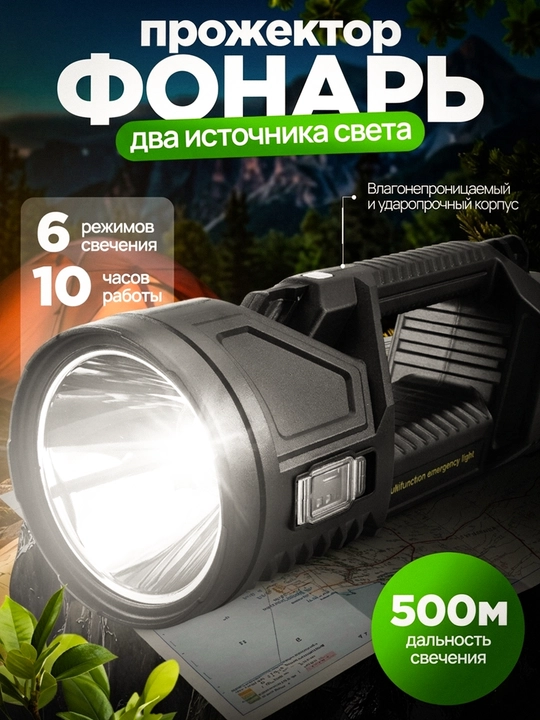 Сверхъяркий портативный светодиодный фонарь-прожектор с задней панелью и USB - 