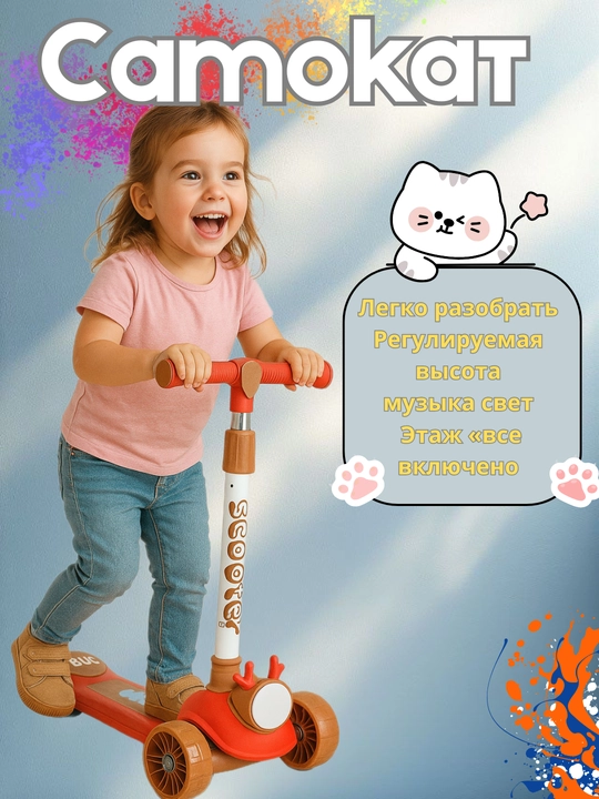 Bolalar samokati 3 g‘ildirakli, balandligi sozlanadigan, chiroqli, 3 rangli, 2–6 yosh
