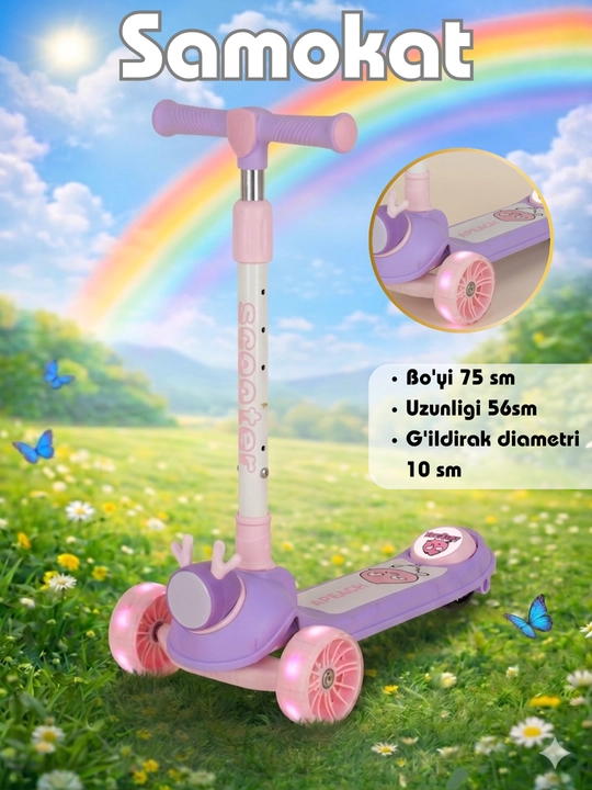 Bolalar samokati 3 g‘ildirakli, balandligi sozlanadigan, chiroqli, 3 rangli, 2–6 yosh
