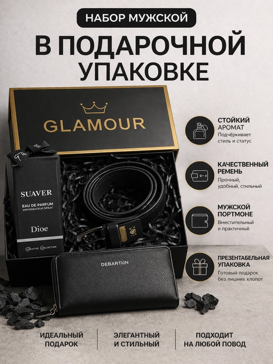 Erkaklar uchun sovg‘a to‘plami GLAMOUR 4 in 1, hamyon, trimmer, charm belbog‘, soyabon - 