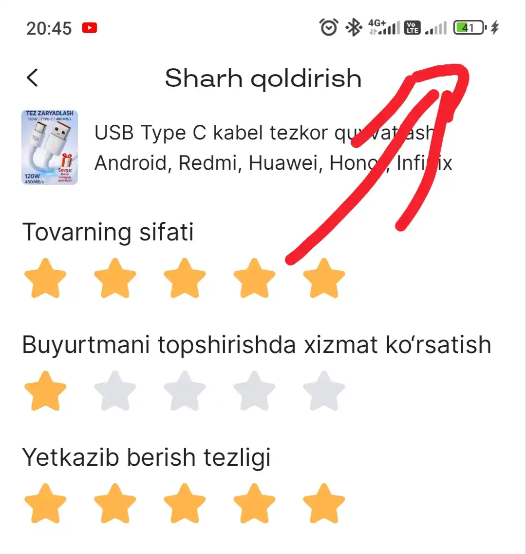 Redmi, Huawei, Honor, Infinix qurilmalarini tezkor quvvatlash uchun USB Type-C kabeli