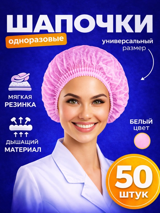 Одноразовые медицинские шапочки «Шарлотта» — 50 шт - 