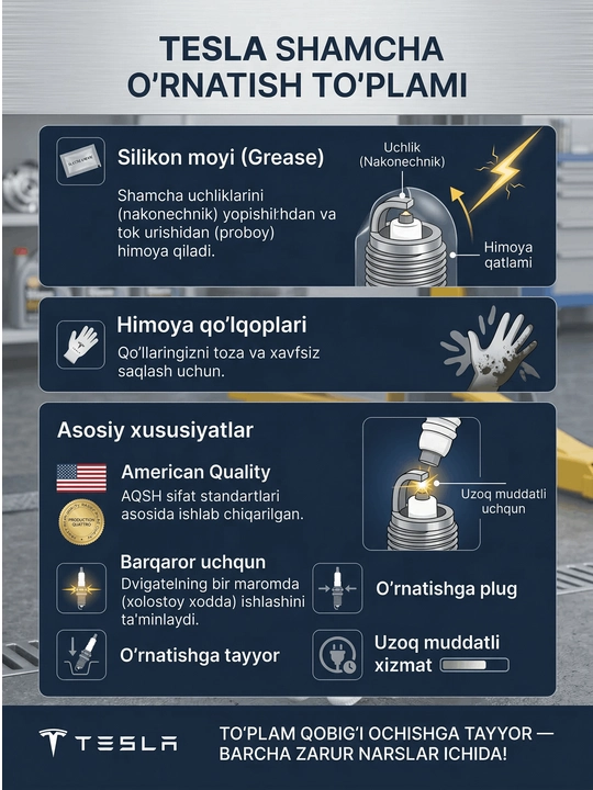 Свечи зажигания Tesla Spark Plugs, набор 4 шт + перчатки и силиконовая смазка в подарок