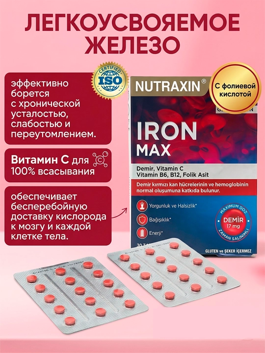 Nutraxin Iron Max 17 Mg Железо, витамин C, витамин B6, фолиевая кислота и B12, 30 таблеток - 