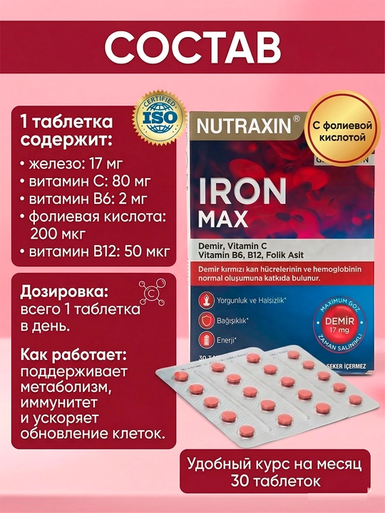 Nutraxin Iron Max 17 Mg Железо, витамин C, витамин B6, фолиевая кислота и B12, 30 таблеток
