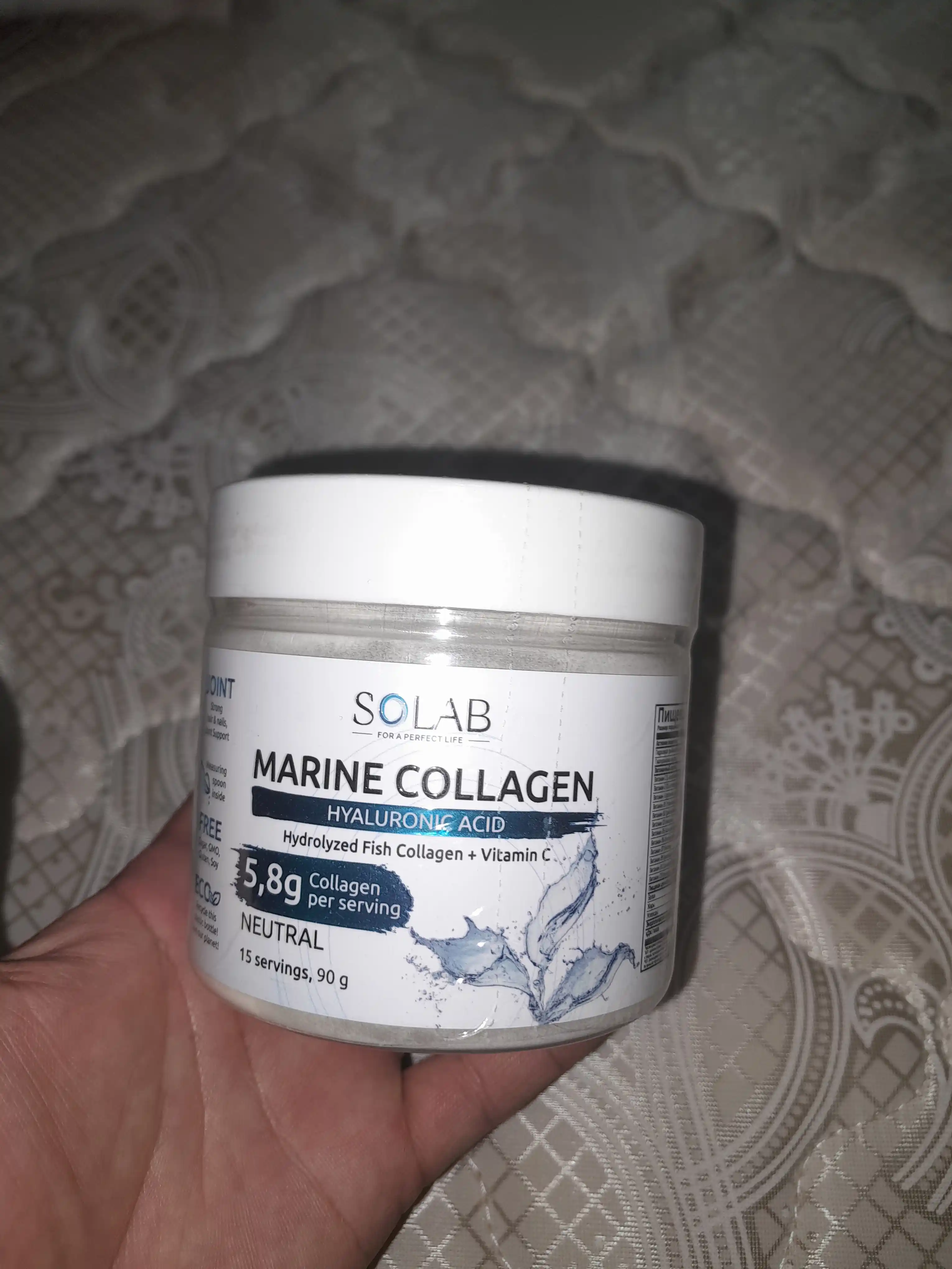 Dengiz kollageni, SOLAB, Gialuron kislotasi + C vitamini, Neytral ta'mi, 90g, 15 porsiya