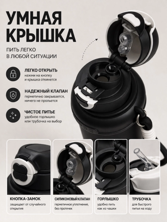 Бутылка для воды 700 мл с трубочкой и чашкой, матовая, с ремешком