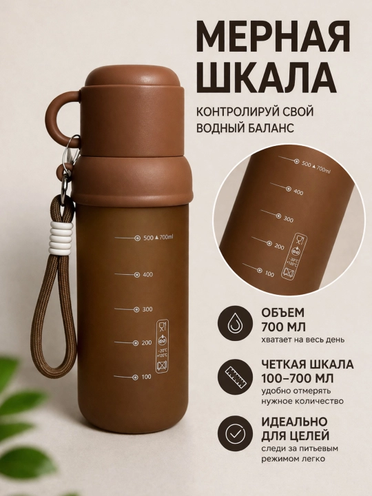Бутылка для воды 700 мл с трубочкой и чашкой, матовая, с ремешком