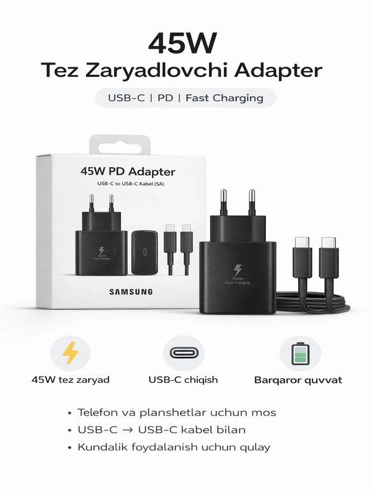 Samsung zaryadlash qurilmasi 45 Vt, 25 Vt, Type-C kabeli, tez zaryadlash qurilmasi - 
