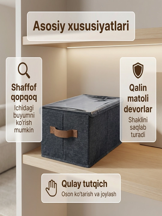 Kiyimlar uchun organayzer quti, qopqoqli va karkasli, narsalarni saqlash uchun konteyner