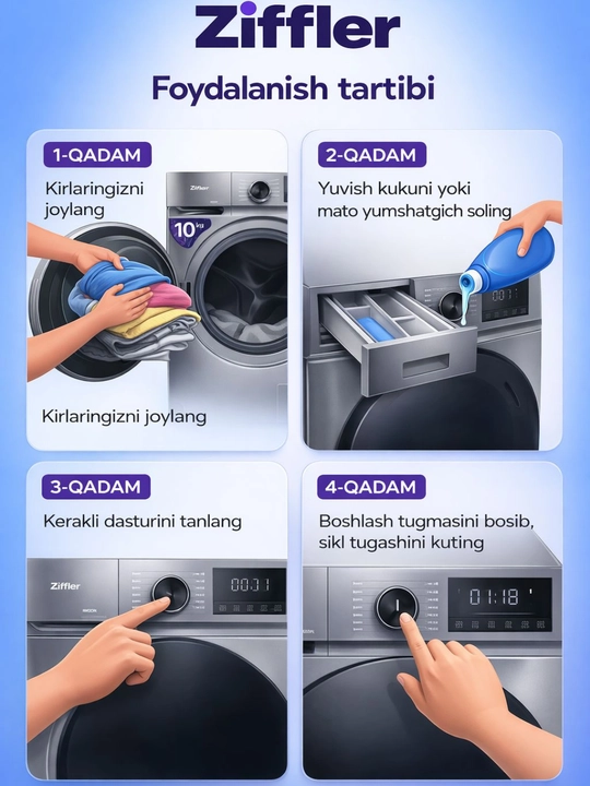 Ziffler T100-F1ING kir yuvish mashinasi — zamonaviy dizayn va yuqori texnologiya