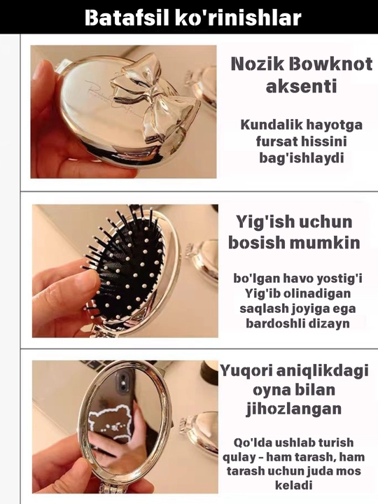 Kamonli yig'ma taroq, oynali, massaj yostiqchali, sayohat uchun, ayollar uchun