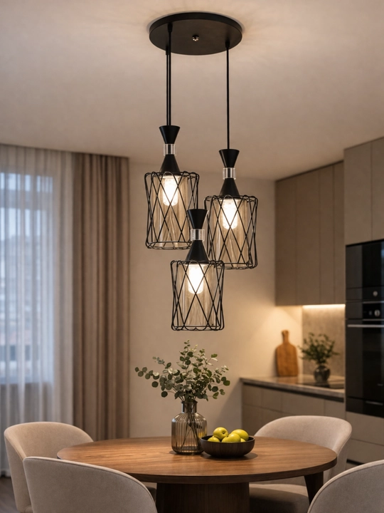 LOFT uslubidagi osma lyustra, 3 ta E27 lampa, balandligi sozlanadi, 20 m² gacha yoritish