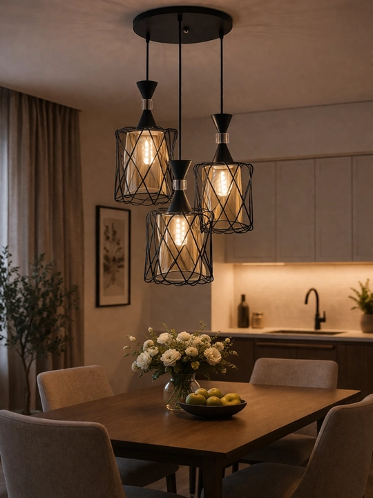 LOFT uslubidagi osma lyustra, 3 ta E27 lampa, balandligi sozlanadi, 20 m² gacha yoritish