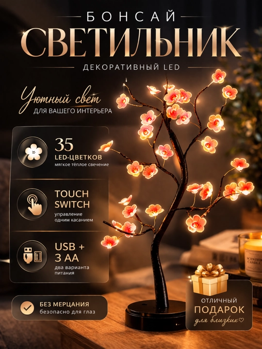 Sakura gullari bilan Bonsai chiroq, LED tungi lampa - 
